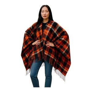 Uniqlo Orange Black Plaid Cape Shawl Fringe Wrap